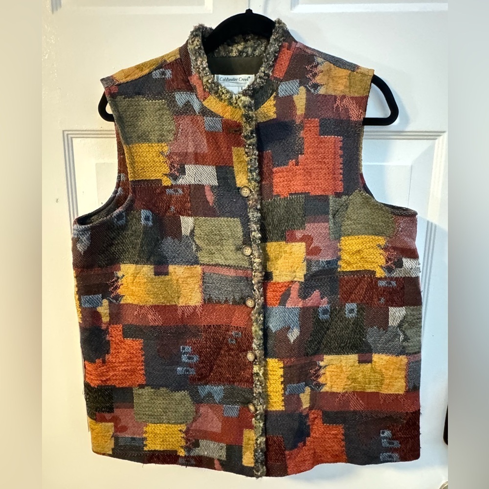 VTG Southwestern Embroidered Patchwork Tapestry Button Up Vest Boho Indie Hippie